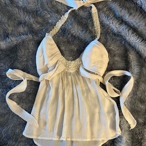Bebe Elegant White Halter Top with Pearl Details